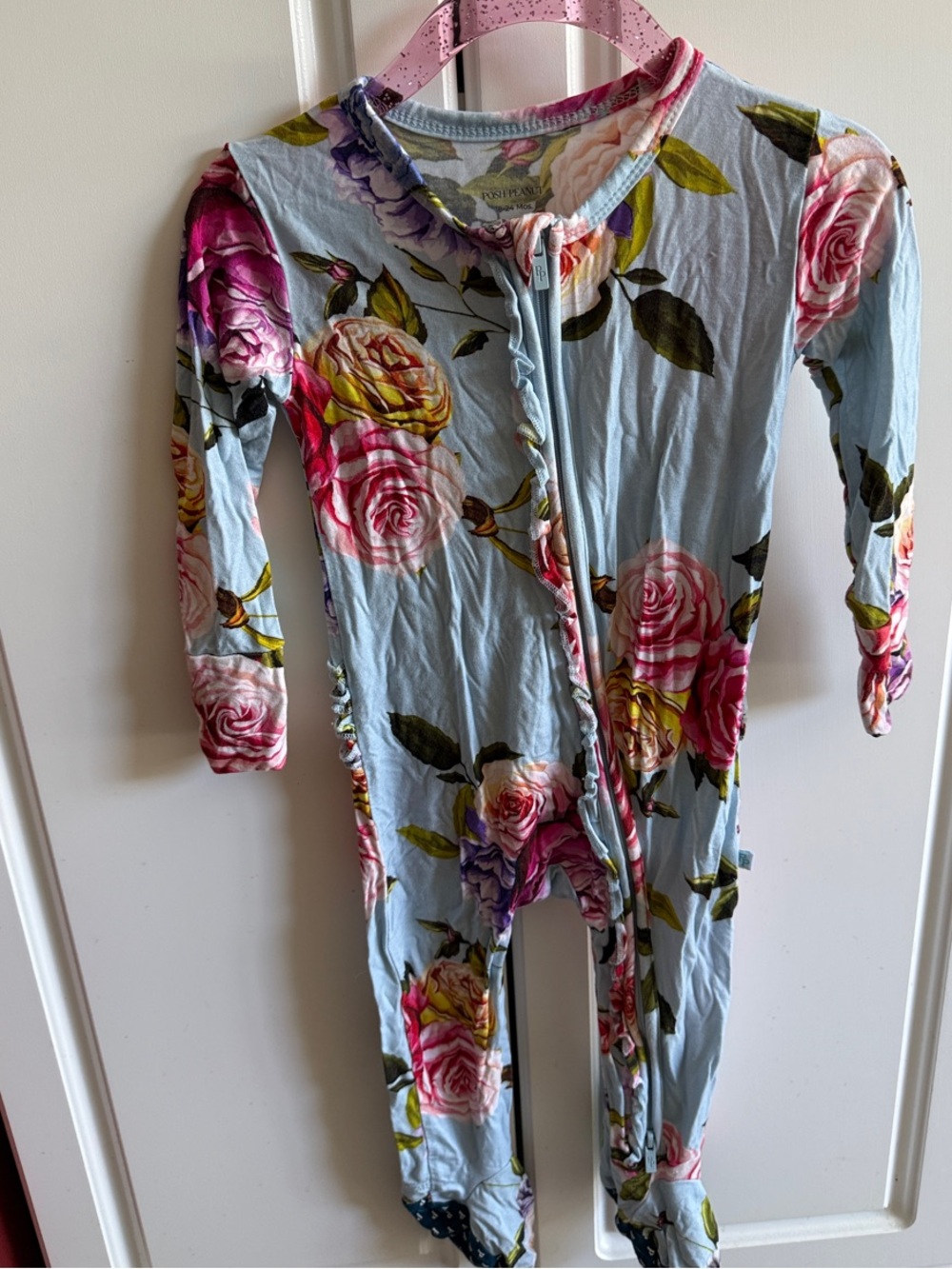Posh Peanut Light Blue Floral Zip One-Piece with Pink Roses